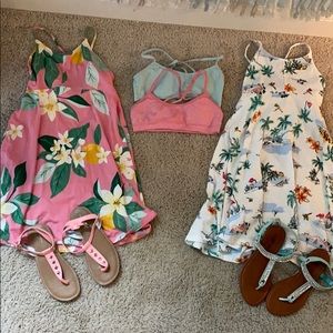 2 never worn sundresses, 2 sandals, 2 bras
